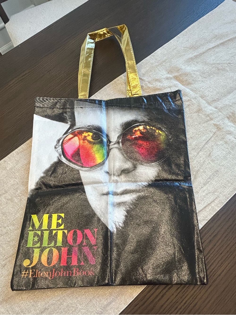 Elton John “Me” Book Promo Tote Bag Gold Metallic Handles Reusable Shopper